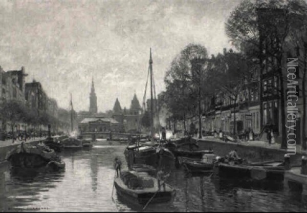 A View Of The Gelderse Kade, Amsterdam, With The Waag And Zuidekerk Oil Painting - Heinrich Hermanns