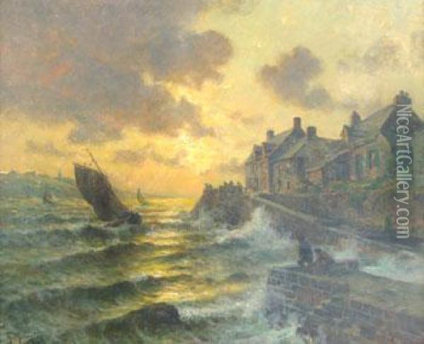 Barques Sous Voiles Pres Du Port, Soleil Couchant Oil Painting - Georges Philibert Charles Marionez