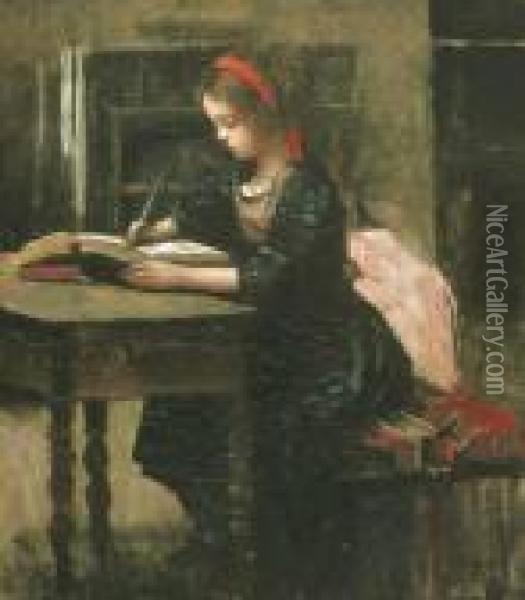 Fillette A L'etude, En Train D'ecrire Oil Painting - Jean-Baptiste-Camille Corot