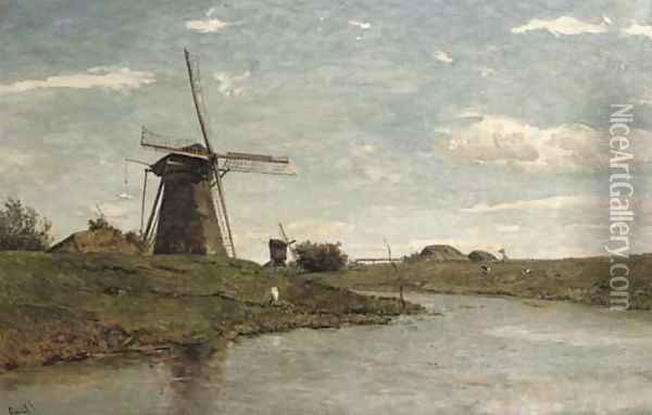 Windmills at Kinderdijk Oil Painting - Paul Joseph Constantine Gabriel