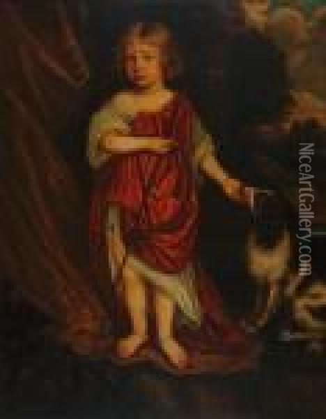 William Somerville As A Child With His Dog, Standing Full Length In A Landscape Oil Painting - Sir Peter Lely