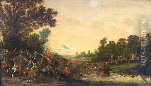 A Cavalry Skirmish At A River Crossing Oil Painting - Jan de Martszen the Younger