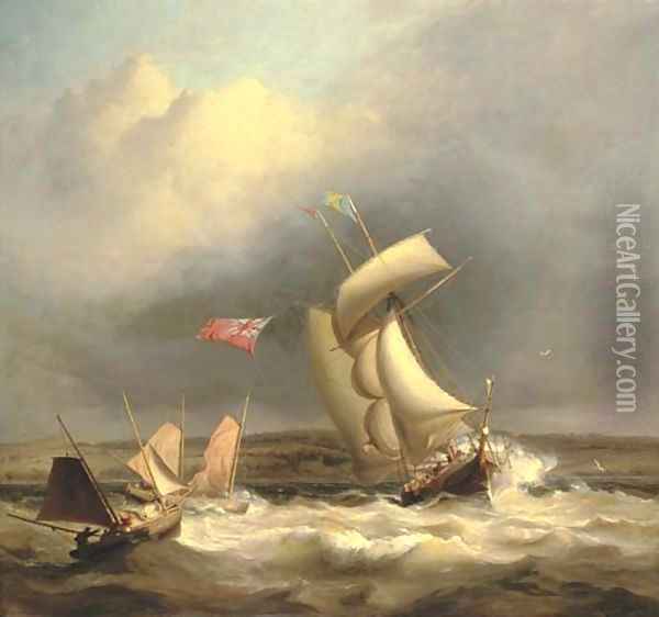 A topsail schooner and two Swansea luggers caught in a sudden squall off the South Wales coast Oil Painting - James Harris of Swansea