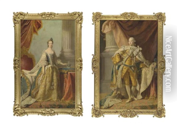 Portrait Of King George Iii (1738-1820), Full-length, In Coronation Robes, His Crown On A Cushion On A Table Beside Him; And Portrait Of Queen Charlotte (1744-1818), Full-length, In Coronation Robes Oil Painting - Allan Ramsay
