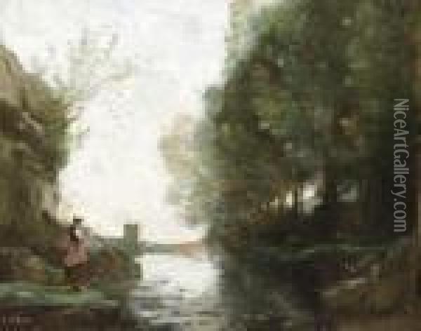 Le Cours D'eau La Tour Carre (paysanne Debout Au Premierplan) Oil Painting - Jean-Baptiste-Camille Corot