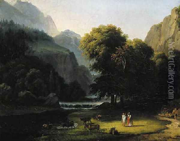A wooded river landscape with Apollo and Mercury Oil Painting - Antoine-Felix Boisselier