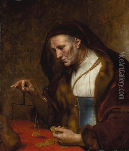 An Old Woman Weighing Gold Coins Oil Painting -  Rembrandt van Rijn