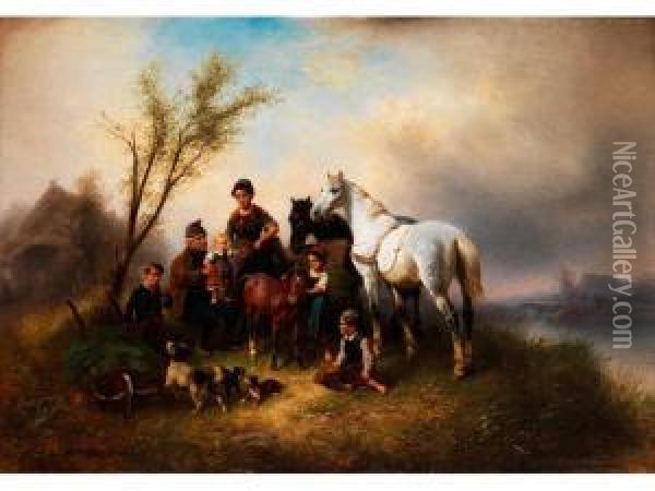 Bauerliche Familie Am Flussufer Oil Painting - Wilhelm Alexander Meyerheim
