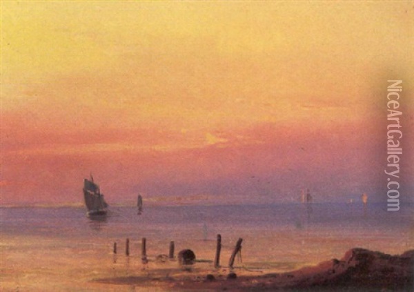 Solnedgang Over Havet Oil Painting - Daniel Hermann Anton Melbye