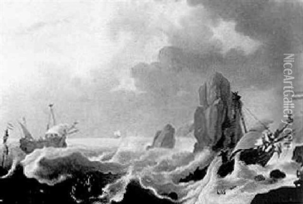 Sailors Escaping From A Wreck By A Rocky Shore Oil Painting - Jacob Adriaenz. Bellevois