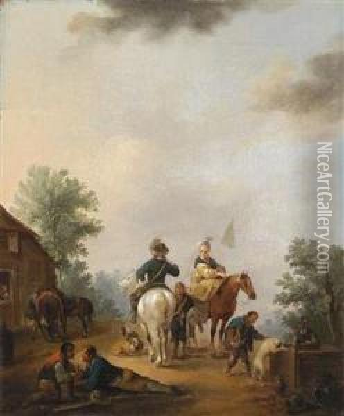 Horseman And Horsewoman In Front Of A Fountain And Horseman And Horsewoman In Front Of A City Wall Oil Painting - Johann Georg Pforr