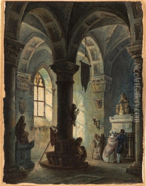 Interior Of A Vaulted Chapel With Figures Oil Painting - Samuel Prout