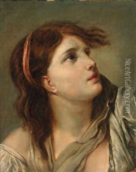 Portrait of a young lady - head and shoulders Oil Painting - Jean Baptiste Greuze