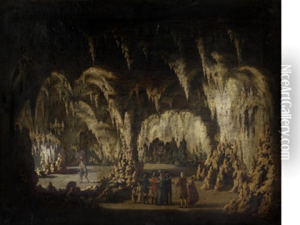Tourists Visiting A Limestone Cave, Most Likely Showing Kent's Cavern, Torquay Oil Painting - William Tomkins