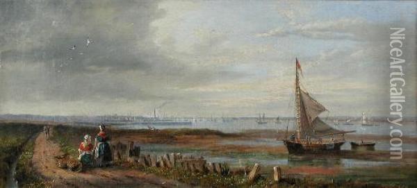 Aview Of Middlesborough With Fisherfolk In The Foreground Oil Painting - John Wilson Carmichael
