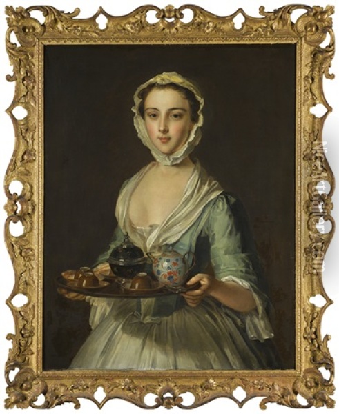 A Young Woman Carrying A Tea Tray, Possibly Hannah, The Artist's Maid Oil Painting - Philip Mercier