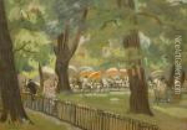 Figures In A Parkland Caf Oil Painting - George Leslie Hunter