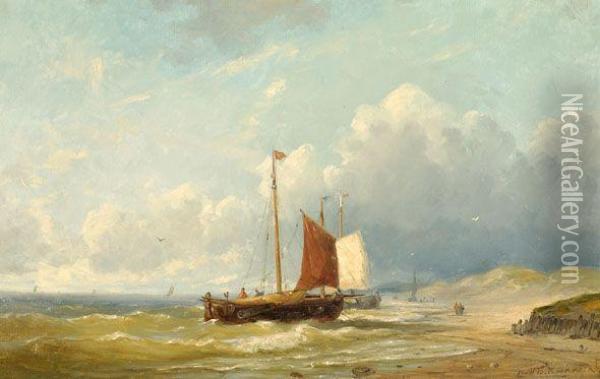 A View Of A Coast With Two Sailboats Oil Painting - Johannes Hermann Barend Koekkoek