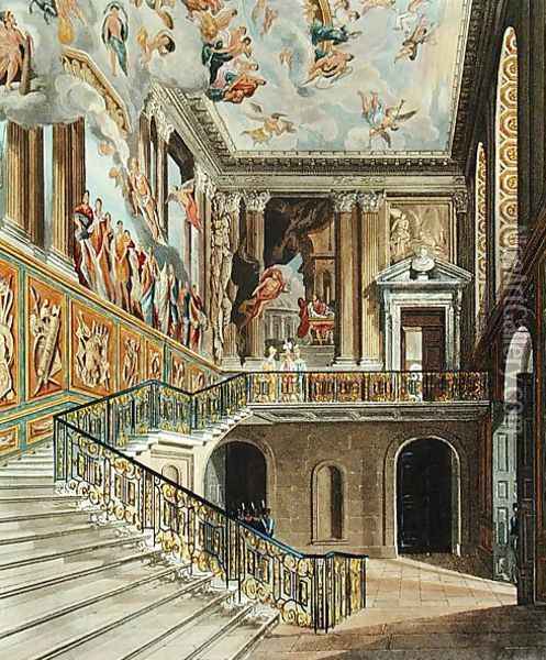 The Great Staircase at Hampton Court Palace from Pyne's 'Royal Residences' engraved by Richard Reeve (b.1780) published in 1819 Oil Painting - Charles Wild