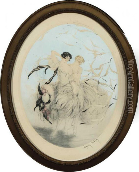 Deux Femmes Aux Oiseaux Oil Painting - Louis Icart