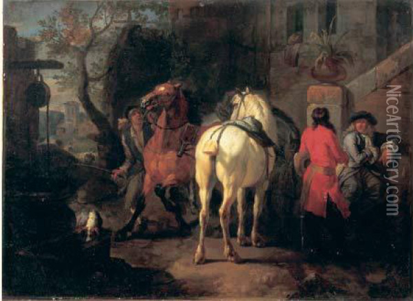 La Halte Des Cavaliers Dans La Cour De L'auberge Oil Painting - Pieter van Bloemen