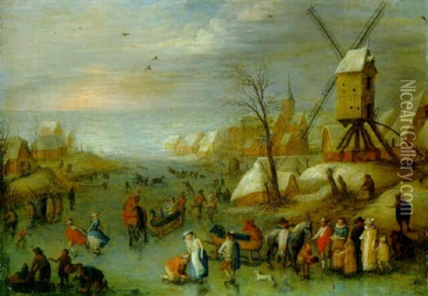 An Extensive Landscape With Villagers Skating, A Windmill Nearby Oil Painting - Joseph van Bredael