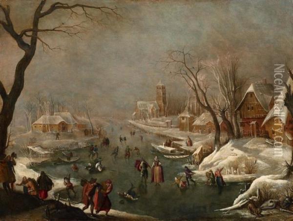 Winterlandschaft Mit Zugefrorenem Kanal Und Schlittschuhlaufern Oil Painting - Adam van Breen
