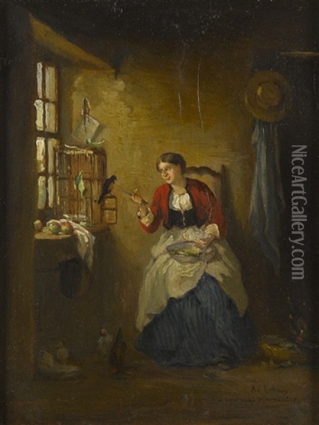 Interieur Mit Frau Und Vogelkafig Oil Painting - Armand Hubert Simon Leleux