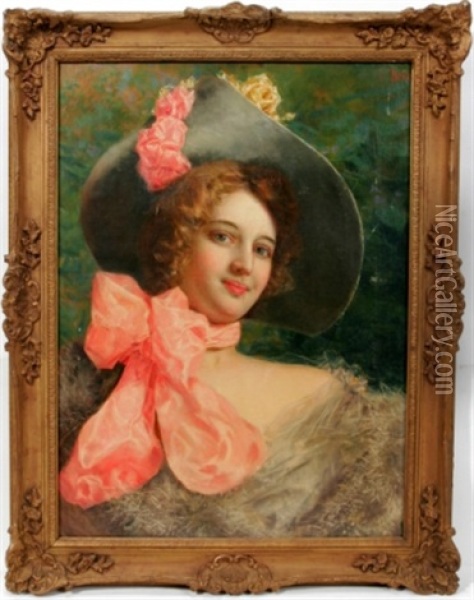 Portrait Of A Lady In A Flowered Hat Oil Painting - Gaetano Bellei