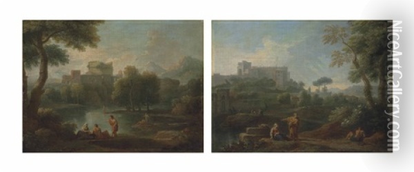 A Classical Landscape With The Tomb Of Cecilia Metella, Figures Conversing On The Bank Of A River, Mountains Beyond (+ A Classical Landscape With A Capriccio Of The Vatican Belvedere, Figures Conversing In The Foreground; Pair) Oil Painting - Jan Frans van Bloemen