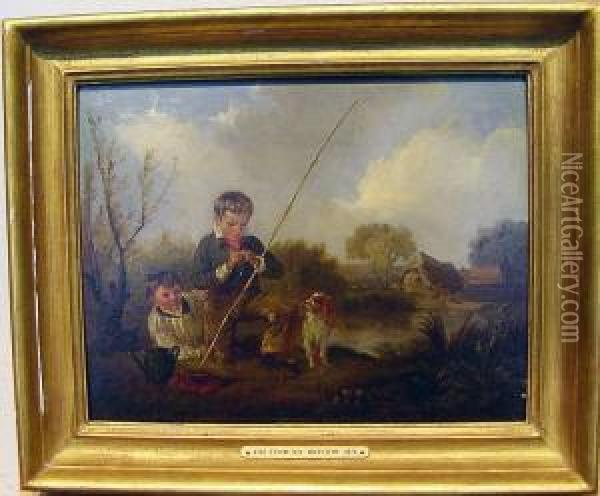 Children Fishing Oil Painting - Edmund Bristow