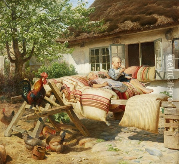 Solen Skinner I Naboens Gaard Oil Painting - Hans Ole Brasen