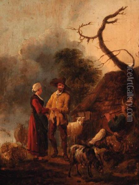 A Couple Dancing To A Piper Outside A Cottage Oil Painting - Jan Baptist Wolfaerts
