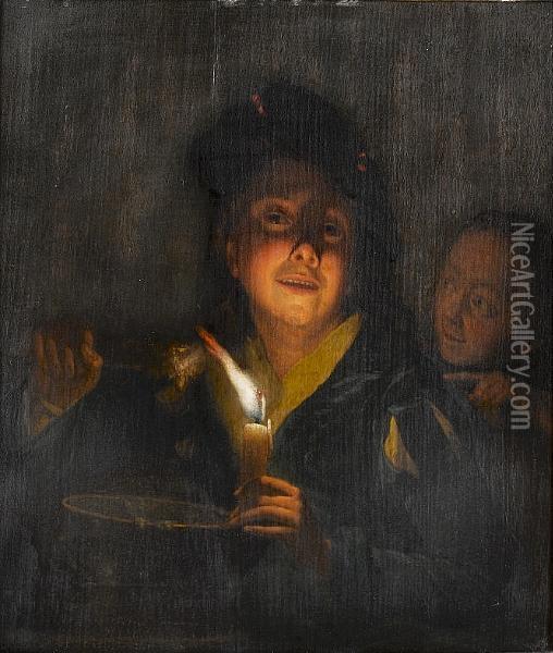 A Young Man Eating By Candlelight, A Young Woman Looking Over His Shoulder Oil Painting - Godfried Schalcken