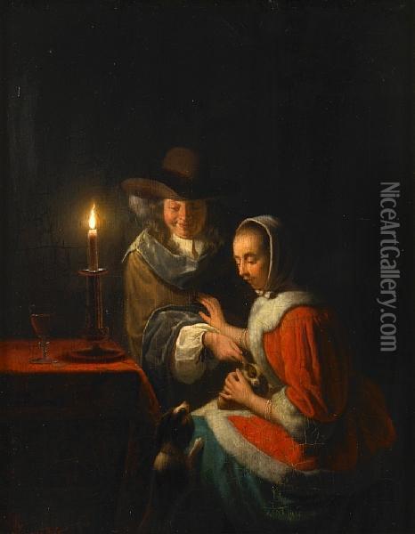 A Candlelit Interior With A Couple And Their Dogs Oil Painting - Frans van Mieris