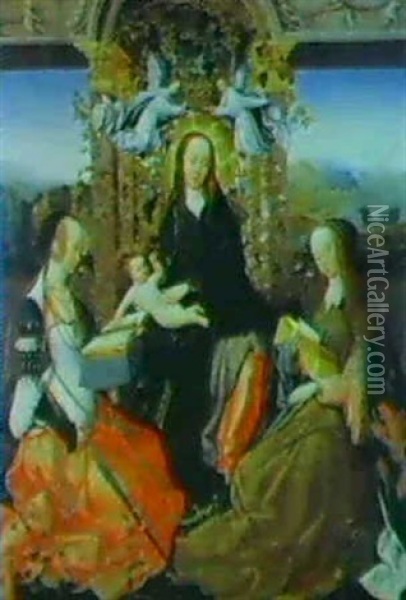 The Madonna And Child Crowned With Angels And Flanked By    Saints Catherine Of Alexandia And Margaret Of Antioch Oil Painting - Gosvin (Goossen) van der Weyden