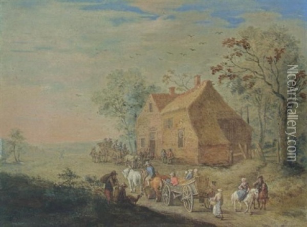 A Landscape With Travellers In Carts Near An Inn Oil Painting - Jan Brueghel the Elder