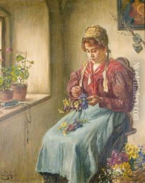 Junge Frau Beim Blumenstraussbinden. Oil Painting - Carl Zewy