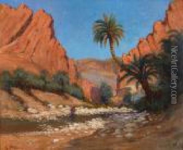 Palmierdans L'oasis A El-kantara Oil Painting - Gustave Nicolas Pinel