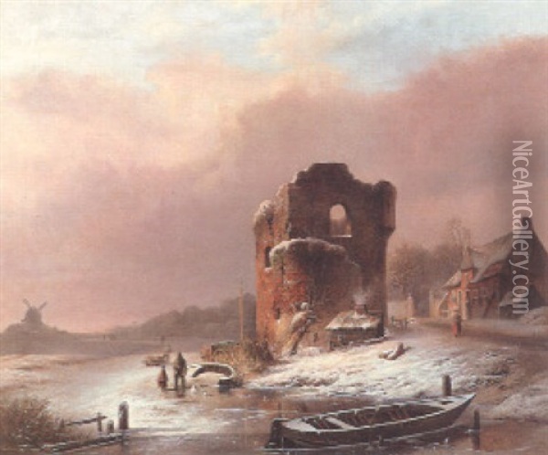 Figures In A Winter Landscape On A Frozen River Oil Painting - Pieter Hendrik Lodewijk Jonxis