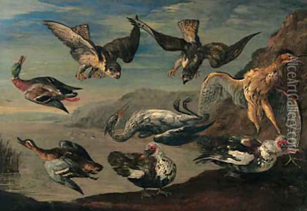 Birds of prey attacking herons and ducks by a pond Oil Painting - Jan van Kessel