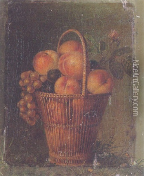 Still Life Of Peaches, Plums, Grapes And A Rose In A Wicker Basket Oil Painting - Jean Louis Prevost