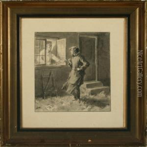 Man In A Window Talking With A Woman Oil Painting - Erik Henningsen