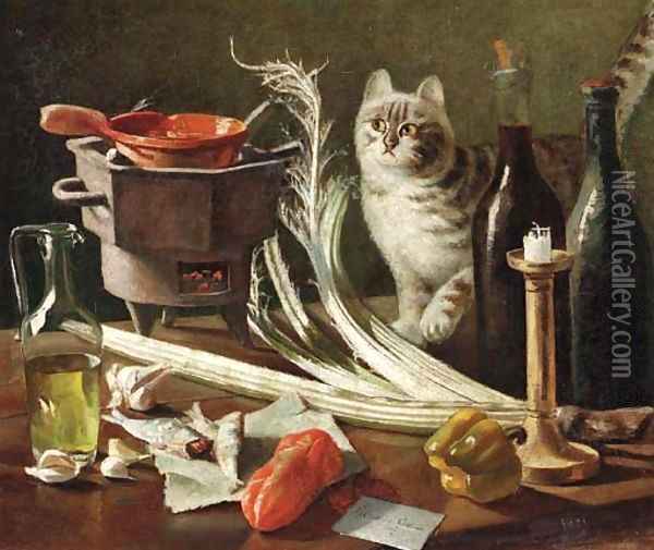 A still life with a cat Oil Painting - Italian School