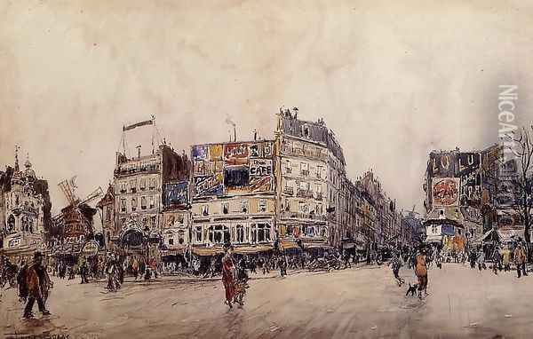 The Moulin Rouge And The Rue Lepic As Seen From The Place Blanche Oil Painting - Frank Myers Boggs