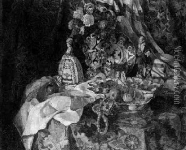 Groses Variastilleben Mit Obst, Porzellanfiguren, Imariteller, Rosenstraus Und Anderen Sachen Oil Painting - Carl Von Schlicht