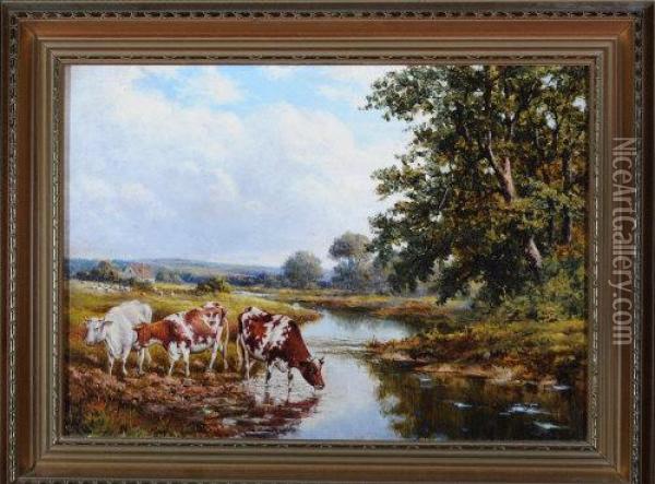 Cattle At A River Bank Oil Painting - Joseph Dixon Clark