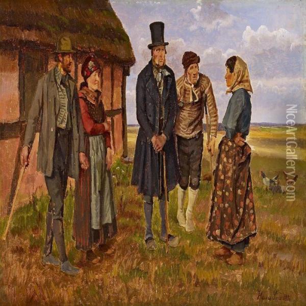 Moor With Men And Women Insunday Clothes In Front Of A Tatched House Oil Painting - Hans Ludvig Smidth