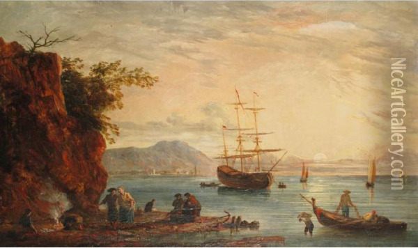 Figures On A Beach With Shipping In A Bay At Sunset Oil Painting - Claude-joseph Vernet