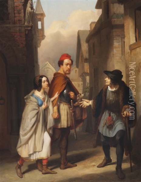 Henry Wynd And The Glee-maiden Encountering Dwining Oil Painting - Jacobus Everardus Jos. van den Berg